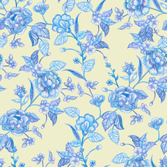 Fototapeta na wymiar oriental seamless texture with graceful blue twigs of flowers. watercolor painting