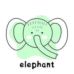 Vector minimalistic isolated character.  Cute elephant in doodle style with lettering.  Colorful flat illustration for your creativity.