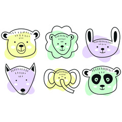 Vector cartoon characters in doodle style.  Isolated animals on a white background with colored figures.  Minimal background.  Flat illustration.