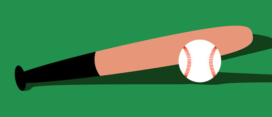 Baseball bat, ball and shadow, flat vector stock illustration without people on green background