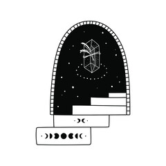 Fototapeta na wymiar Black and white magical illustration of a window arc with stairs leading to starry night and crystal. Vector drawing.