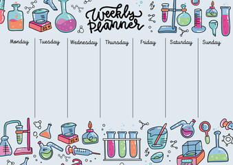 School weekly planner with flasks and text tubes of chemical labaratory. Copyspace Template school timetable for students with free spaces. Hand drawn vector illustration. A4 CMYK printable template