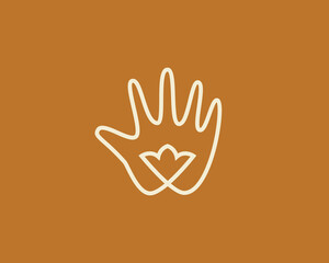 Fototapeta na wymiar Abstract hand palm with flower logo design template. Creative line art bud, orangery vector sign symbol mark logotype.