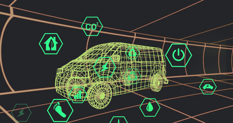 Image of icons processing status data over 3d van model moving on black background