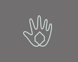 Fototapeta na wymiar Abstract hand palm with house, building logo design template. Creative line art real estate, property, residential vector sign symbol mark logotype.