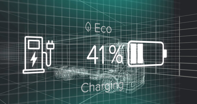 Image of charge status data on electric vehicle interface, over 3d truck model