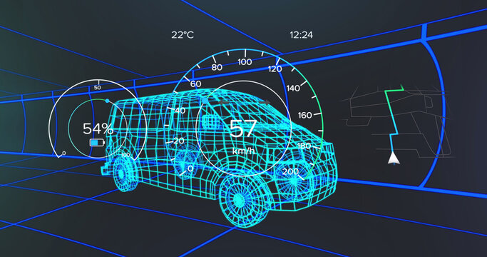 Image of speedometer, gps and charge status data on vehicle interface, over 3d van model