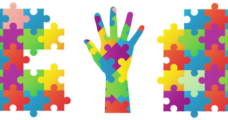 Image of autism colourful puzzle pieces forming hand on white background