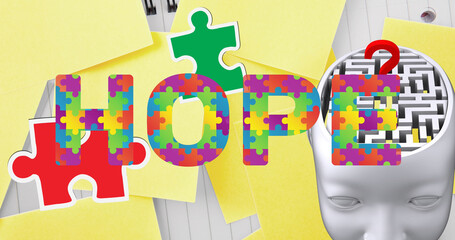 Image of autism awareness month colourful puzzle pieces forming hope text with brain and maze
