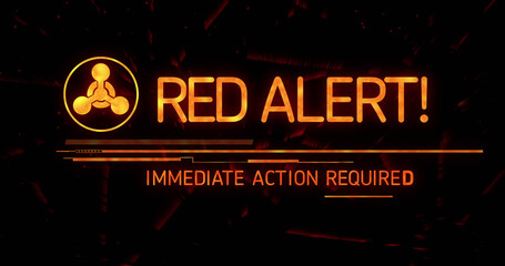 Image of red alert sign and text on black background - obrazy, fototapety, plakaty