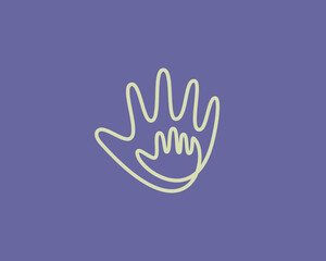 Fototapeta na wymiar Abstract kid hand and a big adult hand logo design. Minimalist continuous line care, support, maternity vector icon sign logotype.