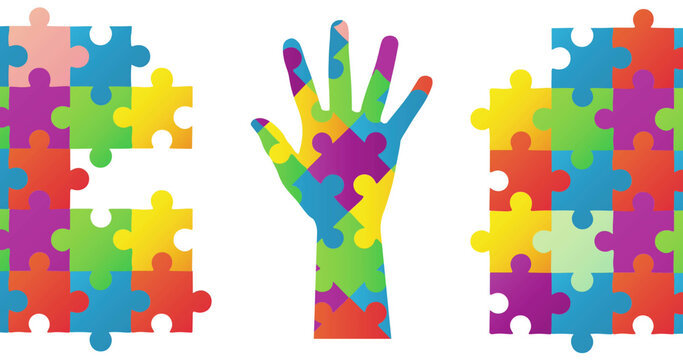 Image of autism colourful puzzle pieces forming hand on white background - Powered by Adobe