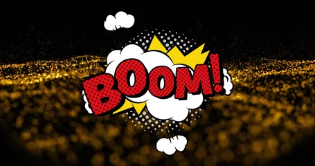 Tuinposter Image of boom text over orange dots on black background © vectorfusionart