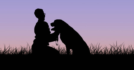Image of silhouetted pet dog with owner kneeling in grass over sunset sky