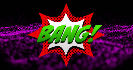 Image of bang text over purple dots on black background
