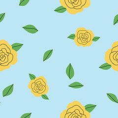 Seamless pattern with yellow roses and leaves on a blue background. Gentle vector wallpaper in hand-drawn flat style. Perfect for textiles, clothing, stationary, tableware design