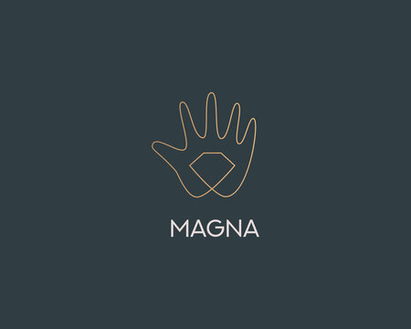Continuous gradient line art of hand holding a diamond. Premium jewelry store, jewel, treasure vector sign symbol logotype.