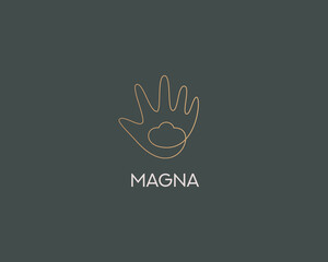 Graceful cloud in the palm logo design. Luxury thin continuous line vector data, upload, storage vector sign logotype.