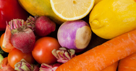 Image of fresh organic vegan food with fruit and vegetables