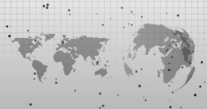 Image of dots moving over world map and rotating globe on grey background