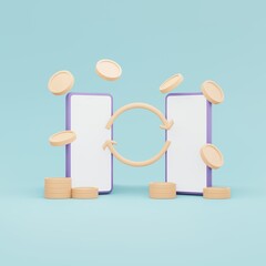 3D Rendering of phone and coin icon concept of money payment transaction technology on phone on background. 3D Render illustration cartoon style.