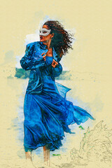 woman in a blue dress and a masquerade in watercolor style