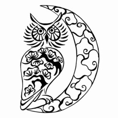 Owl and ornament. Owl hand drawn on the background of the moon with oriental pattern. Owl with silhouettes of pines on the chest. Vector illustration. Linear drawing.
