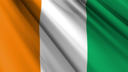 Close up realistic texture textile silk satin flag of Cote d'Ivoire Ivory Coast waving fluttering background. National symbol of the country. 7th of August, Happy Day concept. 3D animation 1080p Full  - Powered by Adobe