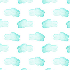 Seamless pattern made of blue clouds, painted with watercolor, isolated on white background. Watercolor blue clouds seamless pattern.
