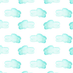 Fototapeta premium Seamless pattern made of blue clouds, painted with watercolor, isolated on white background. Watercolor blue clouds seamless pattern.