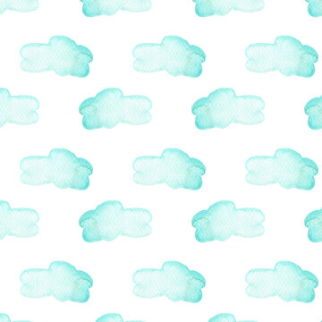 Seamless pattern made of blue clouds, painted with watercolor, isolated on white background. Watercolor blue clouds seamless pattern.