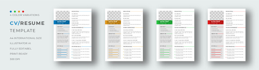 Editable Modern Abstract Creative Professional CV Resume template with 4 color	