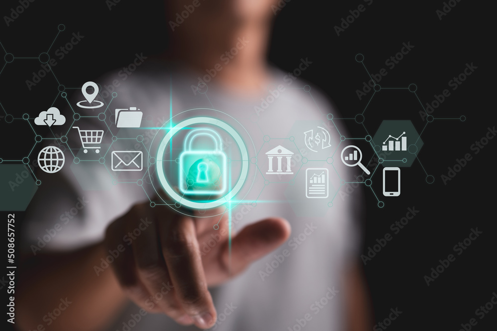 Aufkleber Cybersecurity and privacy ideas are used to keep data safe. The lock icon and technology that protects the internet. With virtual screen interfaces, a businessman is protecting his personal data.