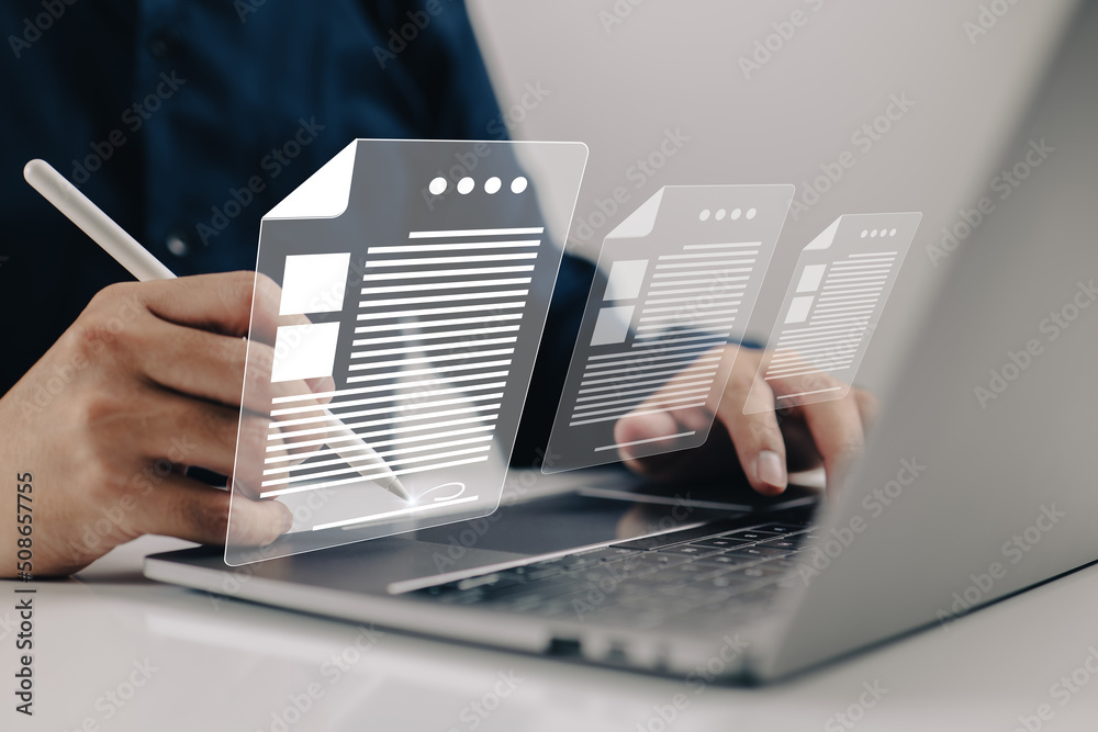 Poster idea of signing business contract on digital documents online contracting businessman electronic sig