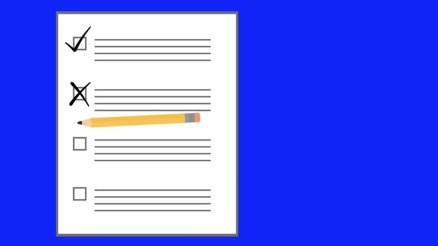 Animation of a pencil marking check marks or crosses, on a sheet with checkbox options. On a blue chroma key background

