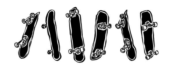 Collection of vector skateboards isolated on white background. Hand drawing, sketch.