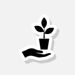 Tree growing in hand icon sticker sign for mobile concept and web design