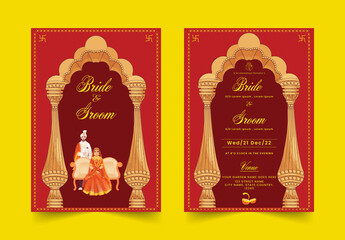 Indian Wedding Card or Invitation Card Template for Hindu Customs Wedding with Bride and Groom Character Illustrations