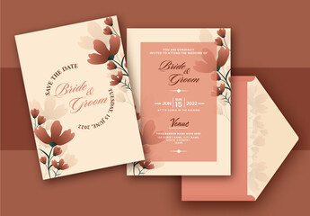 Brown and Beige Wedding Invitation Design with Beautiful Floral Decorations