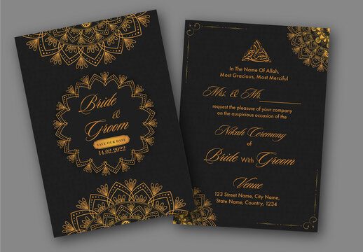 Golden and Black Muslim Nikah Wedding Invitation Design with Beautiful Floral Decorations