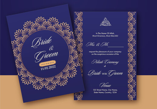 Golden and Blue Muslim Nikah Wedding Invitation Design