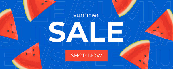 Summer sale horizontal banner , template for social media, ads. Vector Summer sale banner in modern design with watermelon slices. Banner with button "Shop now".