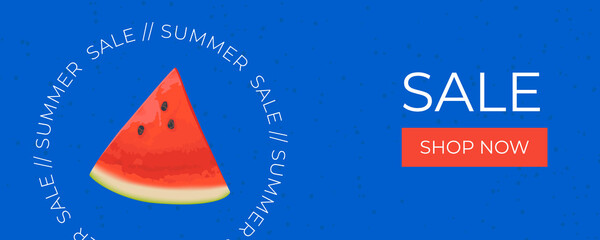 Summer sale horizontal banner , template for social media, ads. Vector Summer sale banner in modern design with watermelon slices. Banner with button 
