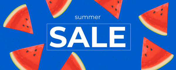 Summer sale horizontal banner , template for social media, ads. Vector Summer sale banner in modern design with watermelon slices.