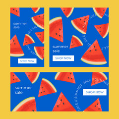 Summer sale banner set, template for social media, stories, ads. Vector Summer sale banners  in modern design with watermelon slices. Collection of vertical, horizontal and square banners. - 508659308