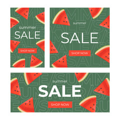 Summer sale banner set, template for social media, stories, ads. Vector Summer sale banners  in modern design with watermelon slices. Collection of vertical, horizontal and square banners. - 508659309