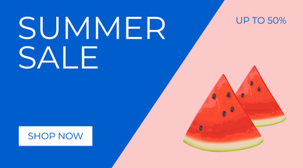 Summer sale horizontal banner, template for ads. Vector Summer sale banner in modern design with watermelon slices. Banner with button "Shop now".