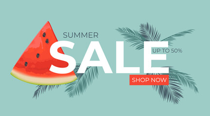Summer sale horizontal banner, template for ads. Tropical leaves background, exotic floral design. Vector Summer sale banner in modern design with watermelon slices. Banner with button "Shop now".