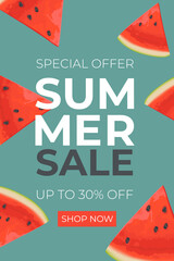 Summer sale poster. Vertical banner , template for, ads. Vector Summer sale banner in modern design with watermelon slices. Banner with button "Shop now".