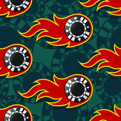 Seamless pattern with casino poker chips icons and fire flames vector art .Ideal for wallpaper, wrapper, packaging, fabric, textile design and any kind of decoration.